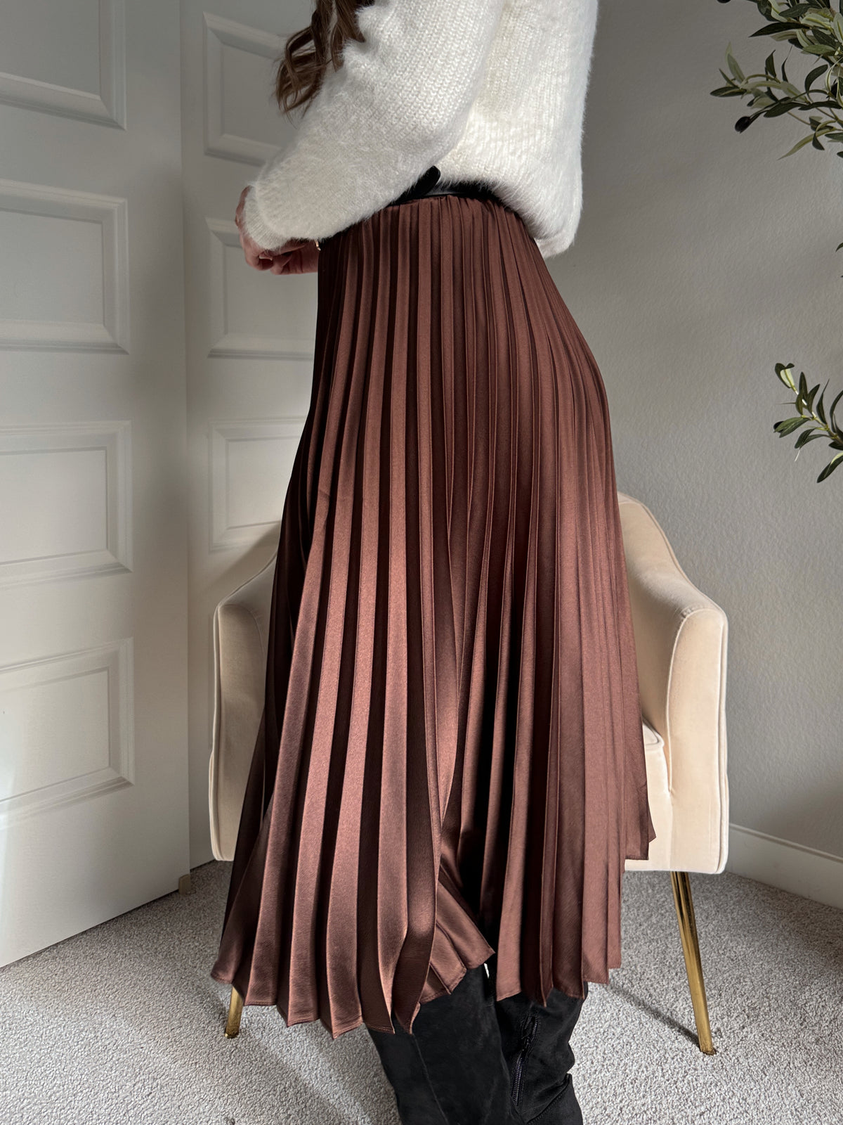 Siena Pleated Satin Midi Skirt (Brown)
