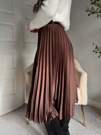 Siena Pleated Satin Midi Skirt (Brown)