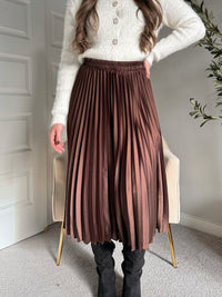 Siena Pleated Satin Midi Skirt (Brown)