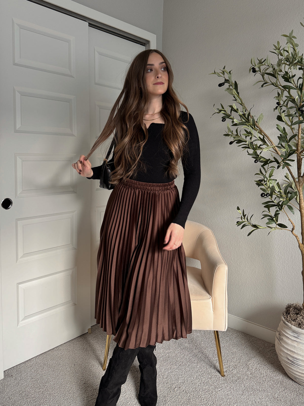 Siena Pleated Satin Midi Skirt (Brown)