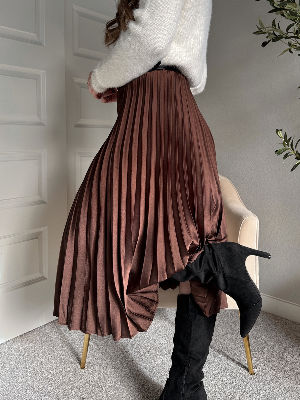 Siena Pleated Satin Midi Skirt (Brown)