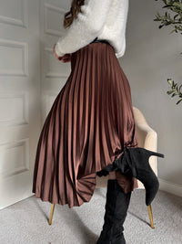 Siena Pleated Satin Midi Skirt (Brown)