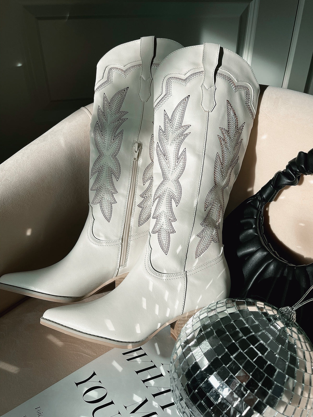Ainsley Embroidered Tall Cowgirl Boots (White) | La Belle Boutique: Neutral Women's Online Clothing Boutique