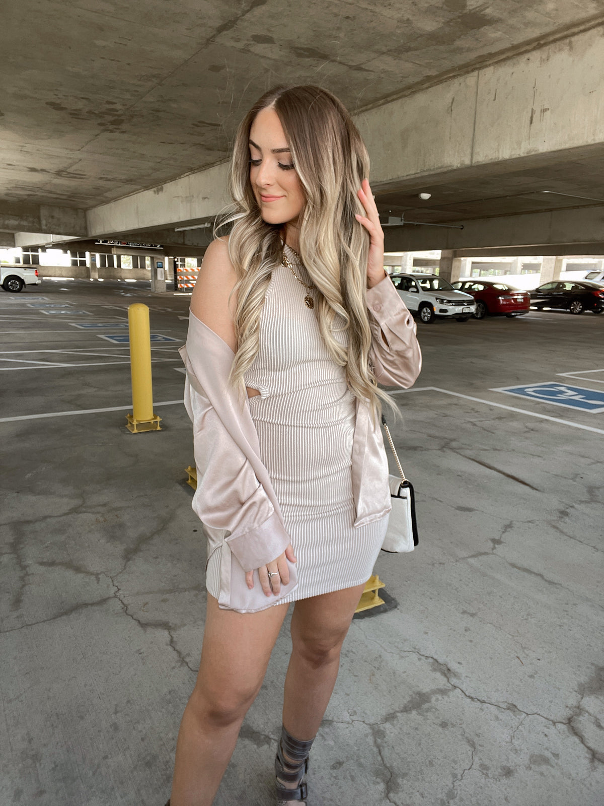 Penelope Satin Button Down Blouse (Nude) | La Belle Boutique: Trendy Women's Online Clothing Boutique