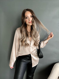Penelope Satin Button Down Blouse (Nude) | La Belle Boutique: Neutral Women's Online Clothing Boutique