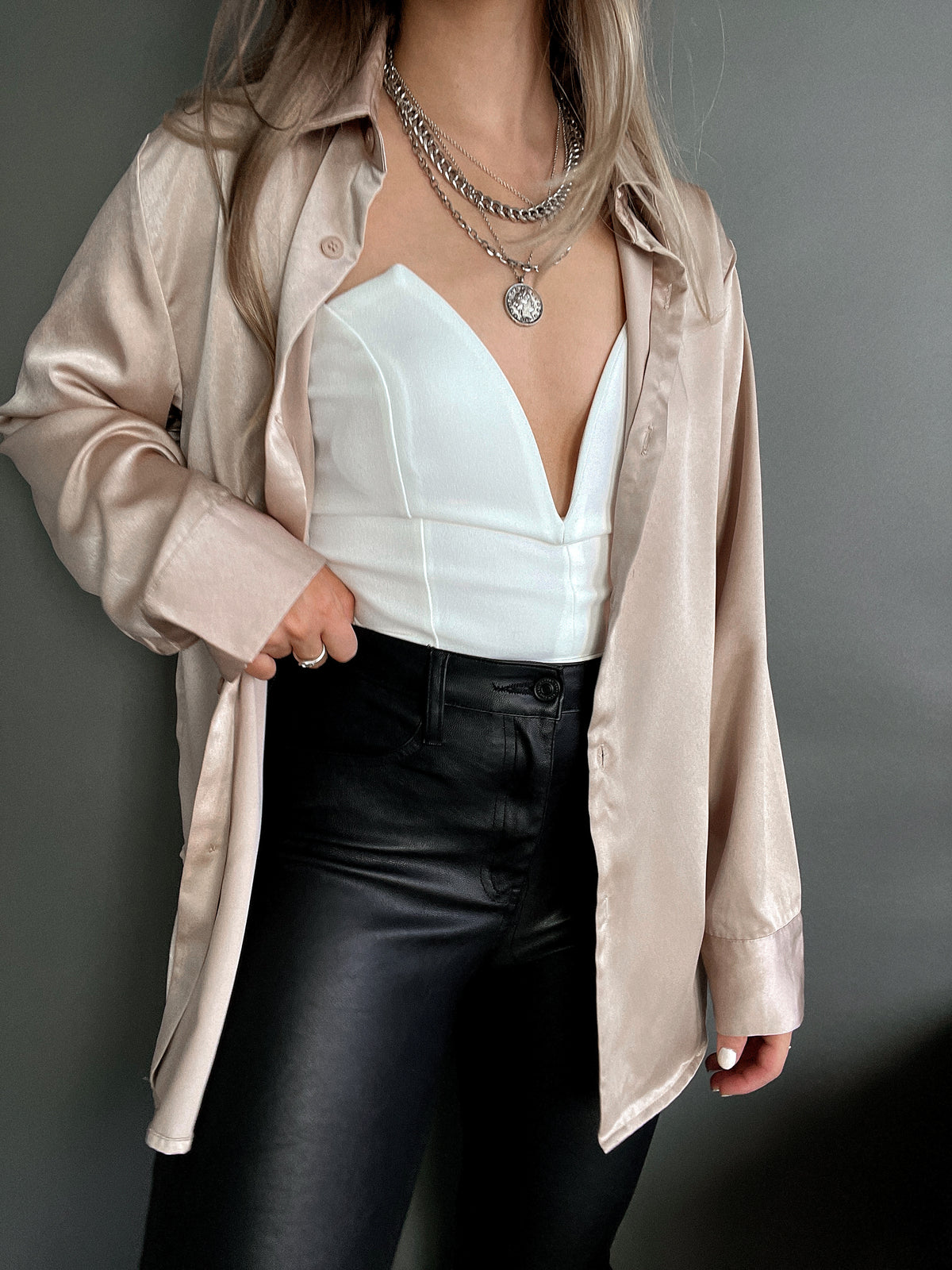 Penelope Satin Button Down Blouse (Nude) | La Belle Boutique: Neutral Women's Online Clothing Boutique