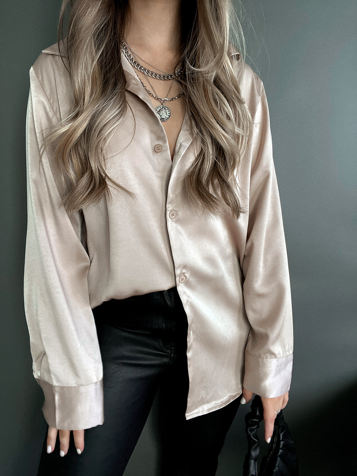 Penelope Satin Button Down Blouse (Nude) | La Belle Boutique: Neutral Women's Online Clothing Boutique