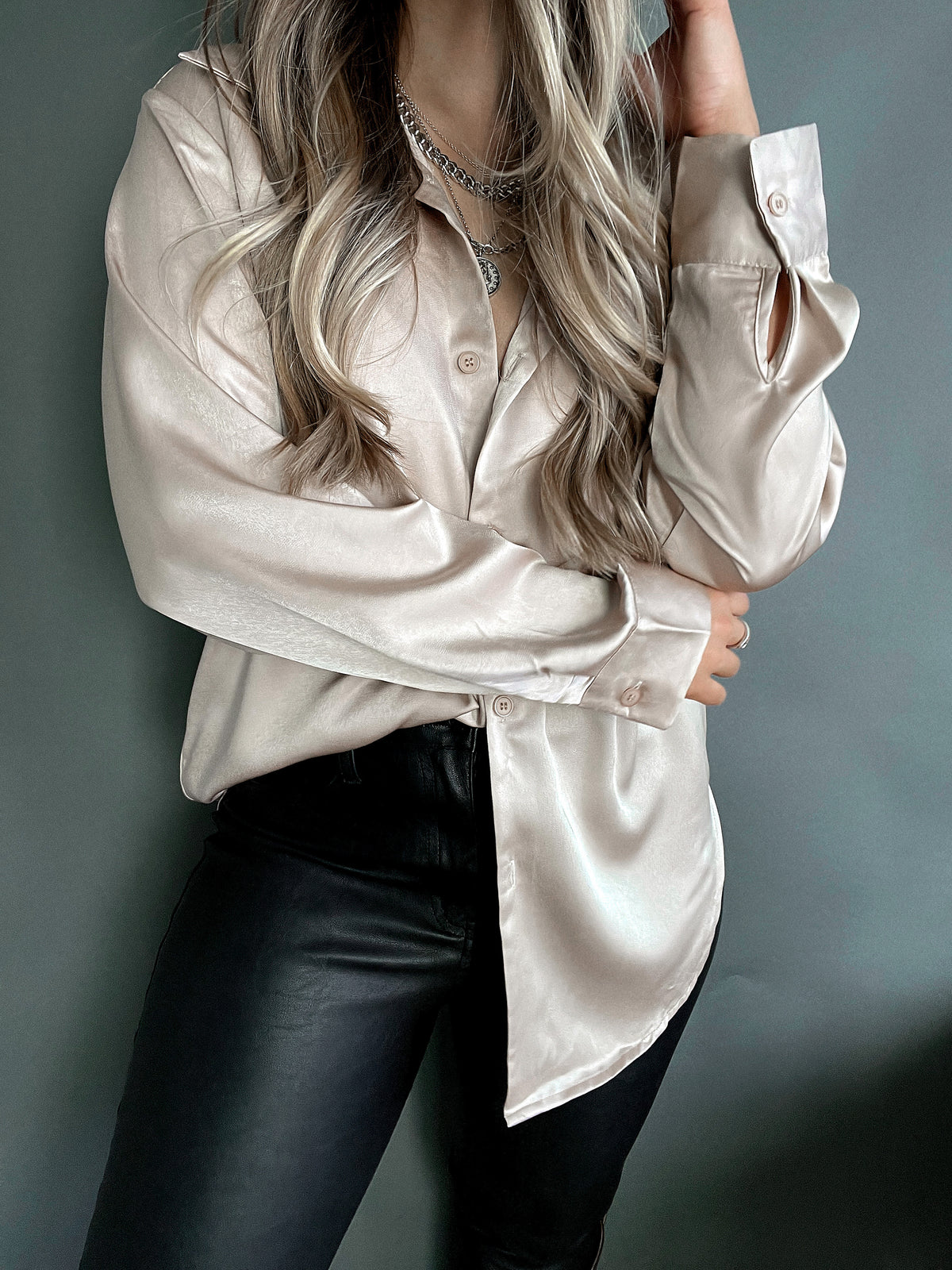 Penelope Satin Button Down Blouse (Nude) | La Belle Boutique: Neutral Women's Online Clothing Boutique