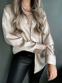 Penelope Satin Button Down Blouse (Nude) | La Belle Boutique: Neutral Women's Online Clothing Boutique