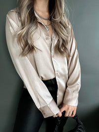Penelope Satin Button Down Blouse (Nude) | La Belle Boutique: Neutral Women's Online Clothing Boutique