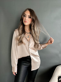 Penelope Satin Button Down Blouse (Nude) | La Belle Boutique: Neutral Women's Online Clothing Boutique