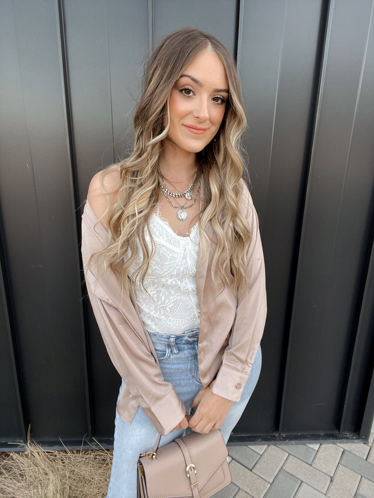 Penelope Satin Button Down Blouse (Nude) | La Belle Boutique: Trendy Women's Online Clothing Boutique