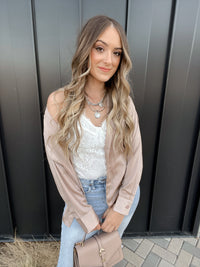 Penelope Satin Button Down Blouse (Nude) | La Belle Boutique: Trendy Women's Online Clothing Boutique