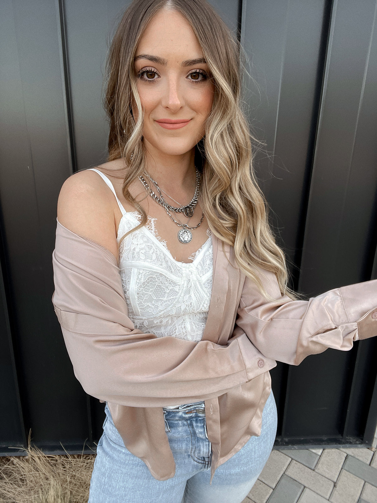 Penelope Satin Button Down Blouse (Nude) | La Belle Boutique: Trendy Women's Online Clothing Boutique