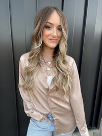 Penelope Satin Button Down Blouse (Nude) | La Belle Boutique: Trendy Women's Online Clothing Boutique