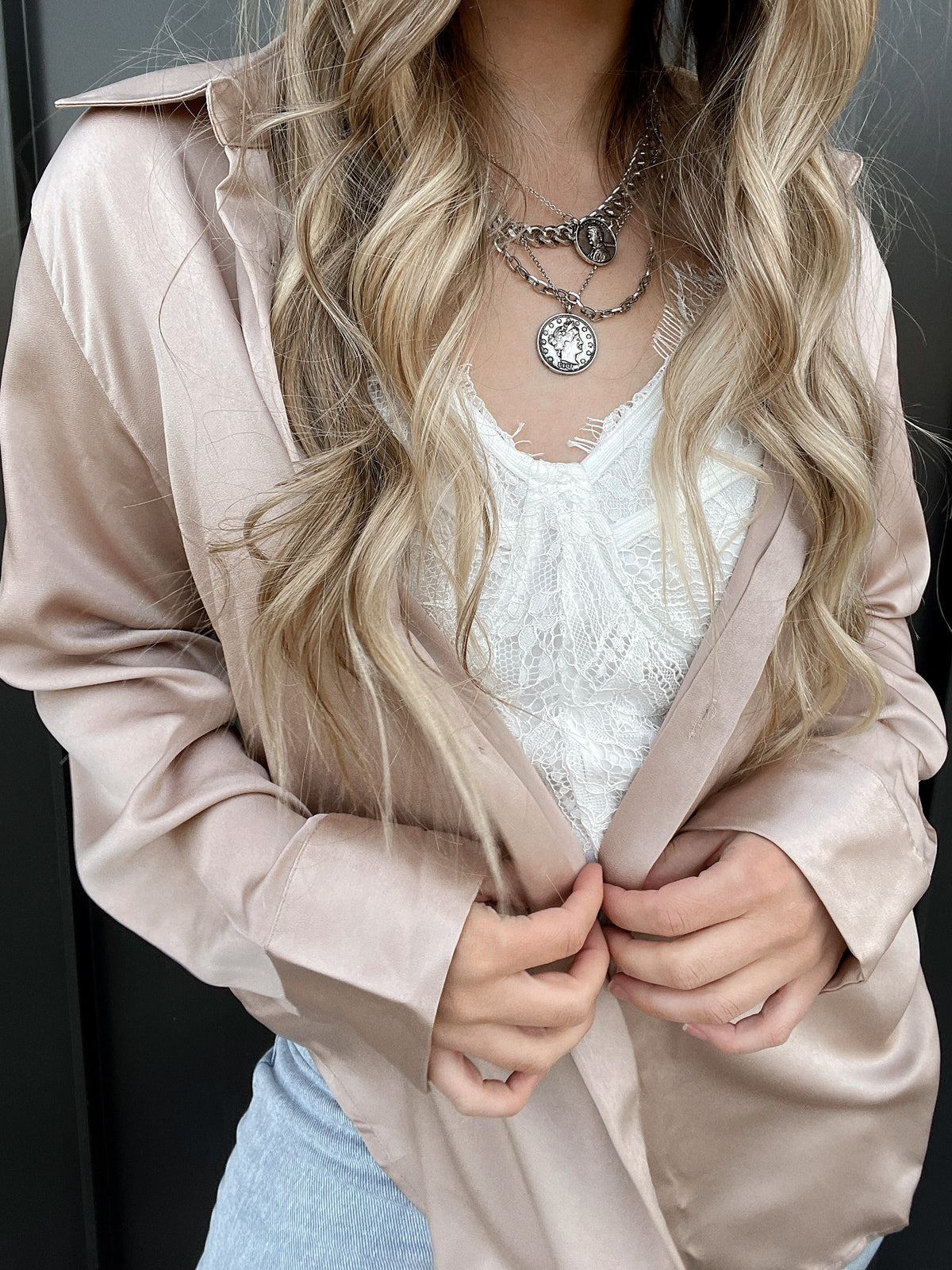 Penelope Satin Button Down Blouse (Nude) | La Belle Boutique: Trendy Women's Online Clothing Boutique