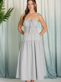 Mara Striped Tie-Strap Midi Dress (Charcoal)