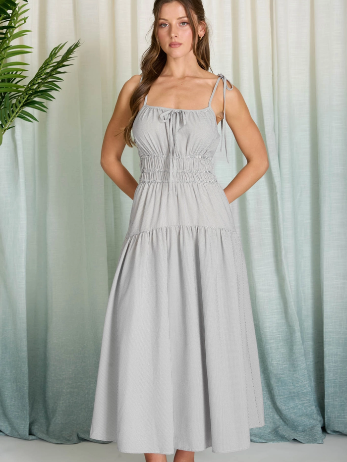 Mara Striped Tie-Strap Midi Dress (Charcoal)
