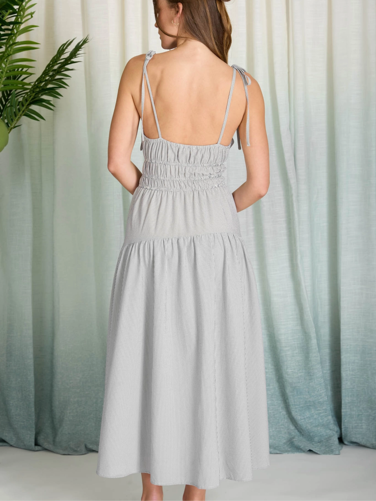 Mara Striped Tie-Strap Midi Dress (Charcoal)