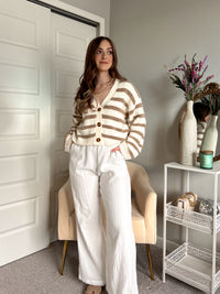 Adair Striped Button Down Knit Cardigan (Ivory/Taupe) | La Belle Boutique: Neutral Women's Online Clothing Boutique