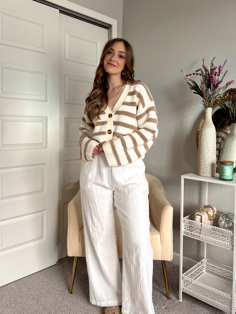 Adair Striped Button Down Knit Cardigan (Ivory/Taupe)