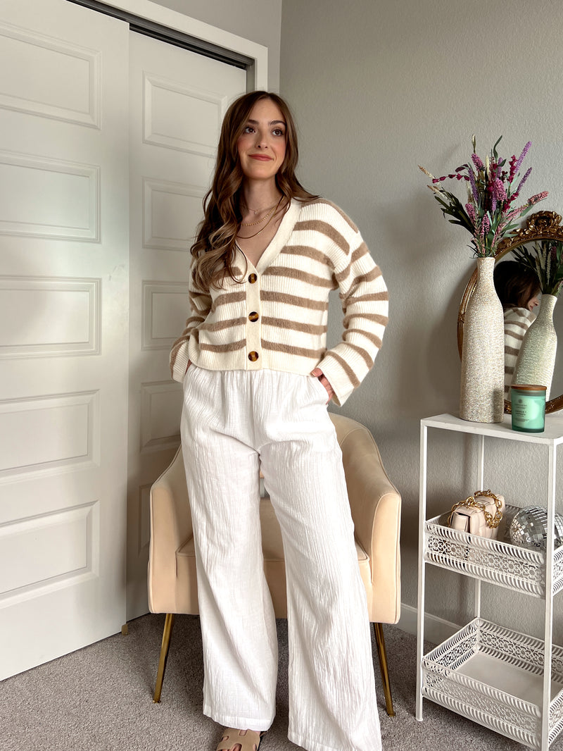 Adair Striped Button Down Knit Cardigan (Ivory/Taupe) | La Belle Boutique: Neutral Women's Online Clothing Boutique
