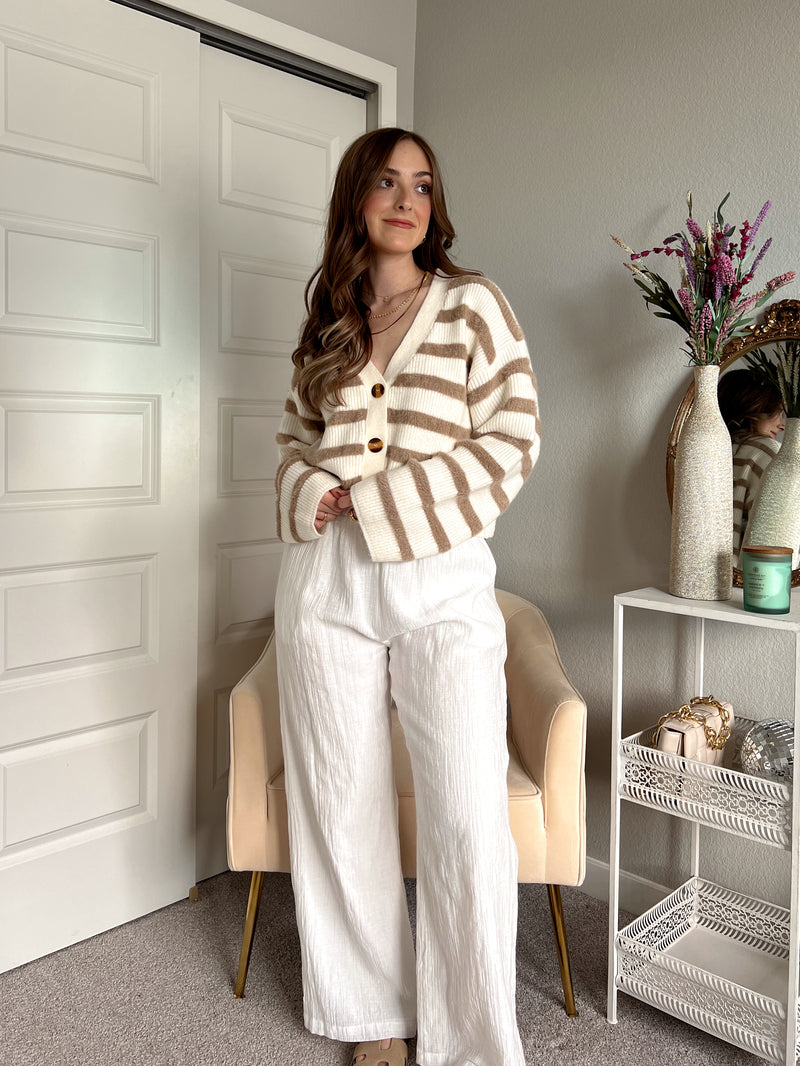 Adair Striped Button Down Knit Cardigan (Ivory/Taupe)