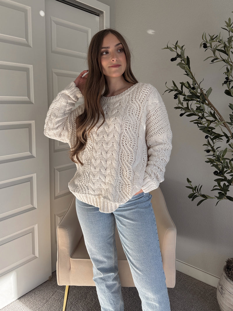 Adeline Chenille Cable Knit Sweater (Ivory)