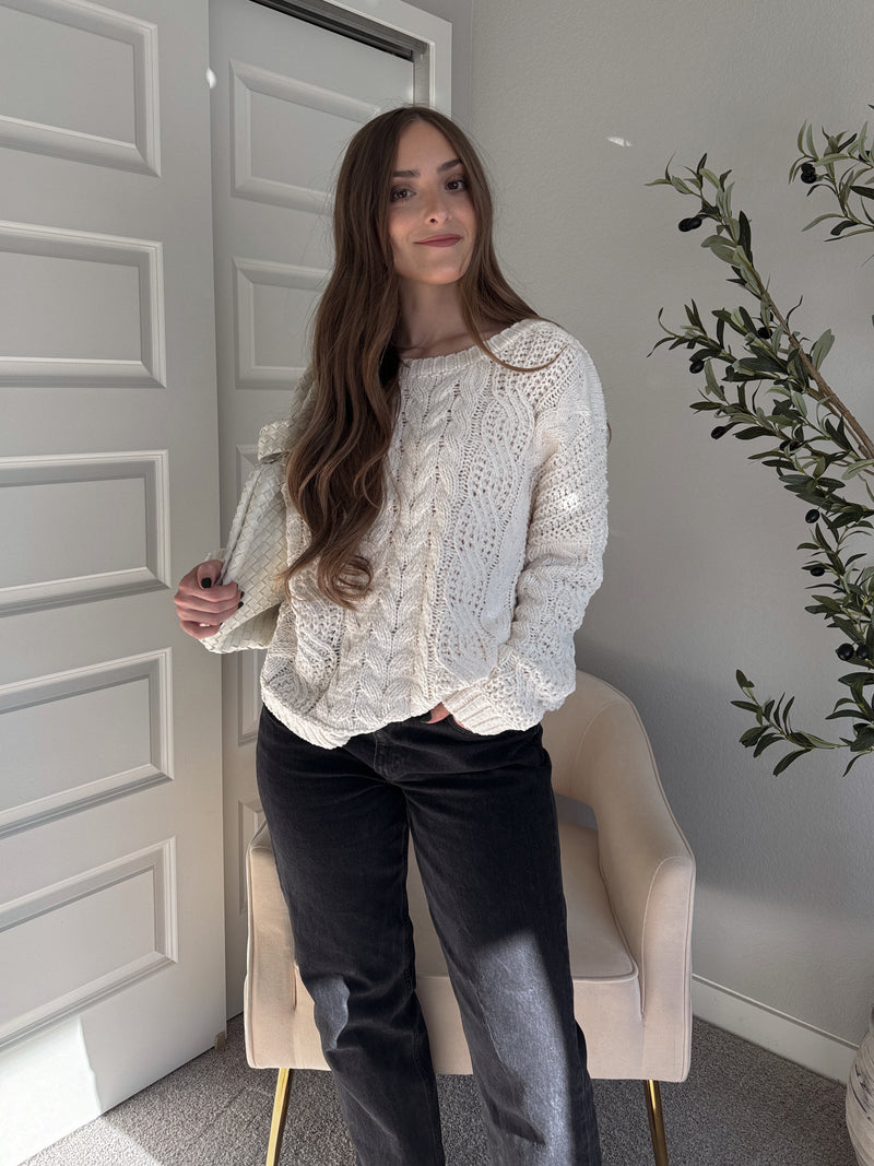 Adeline Chenille Cable Knit Sweater (Ivory)