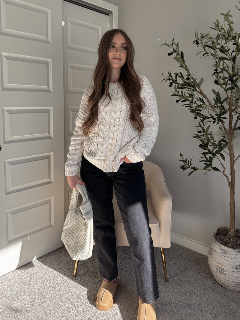 Adeline Chenille Cable Knit Sweater (Ivory)