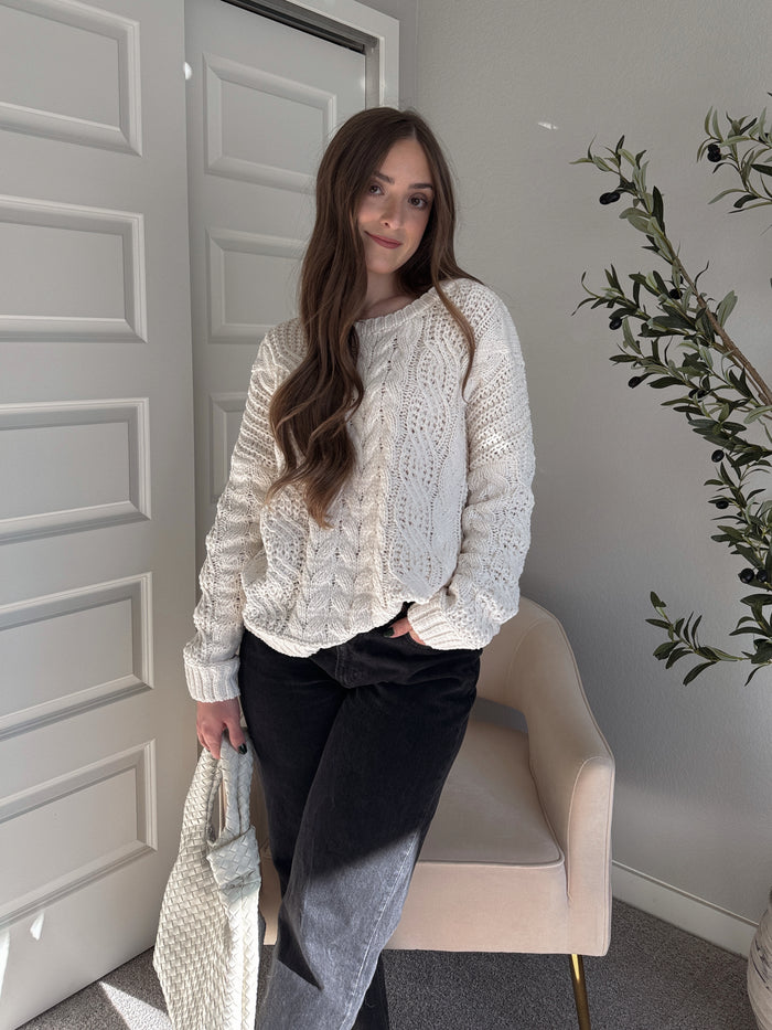 Adeline Chenille Cable Knit Sweater (Ivory)