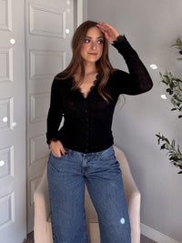 Adora Sheer Lace Trim V-Neck Knit Cardigan (Black)