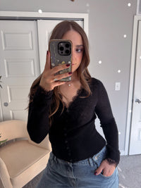 Adora Sheer Lace Trim V-Neck Knit Cardigan (Black)