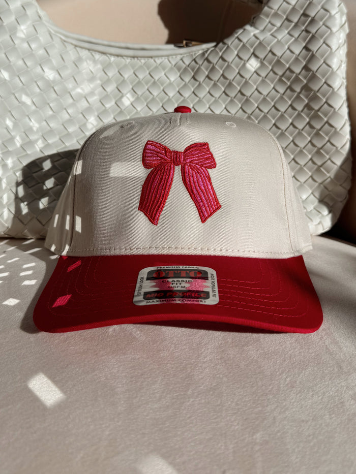 All Tied Up Bow Embroidered Trucker Hat (Natural/Red)