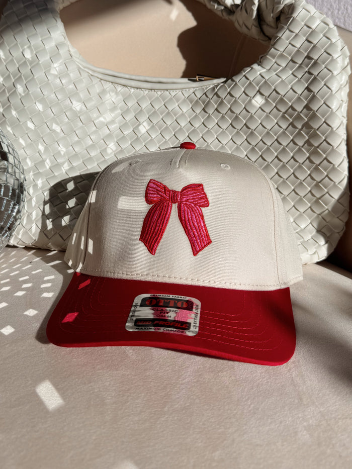All Tied Up Bow Embroidered Trucker Hat (Natural/Red)