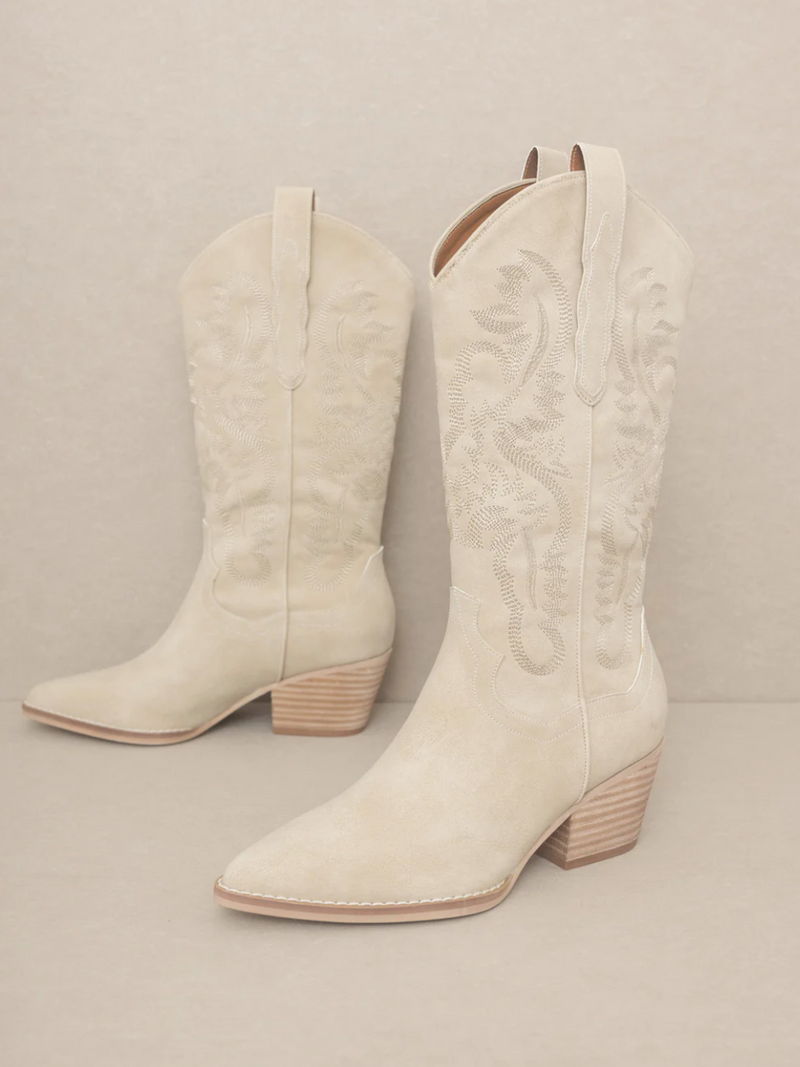Amaya Embroidered Mid-Calf Cowgirl Boots (Taupe)