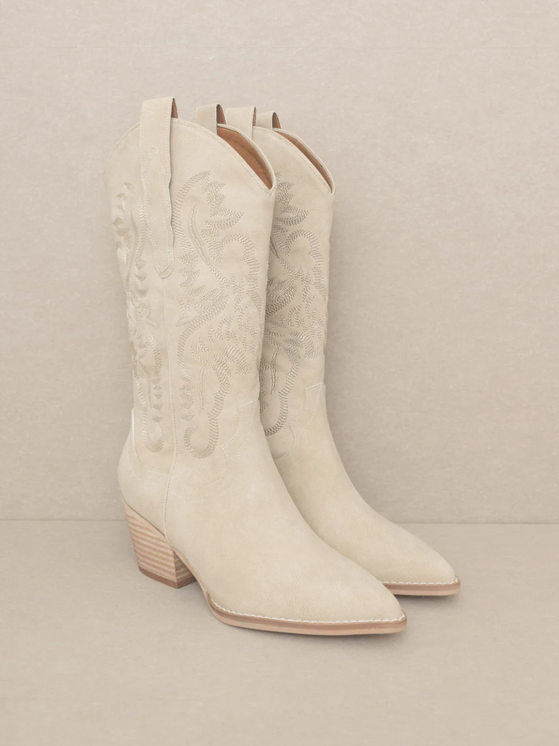 Amaya Embroidered Mid-Calf Cowgirl Boots (Taupe)