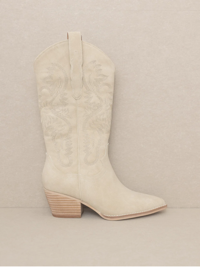 Amaya Embroidered Mid-Calf Cowgirl Boots (Taupe)