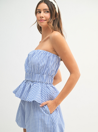American Girl Gingham Strapless Peplum Tube Top (Blue)