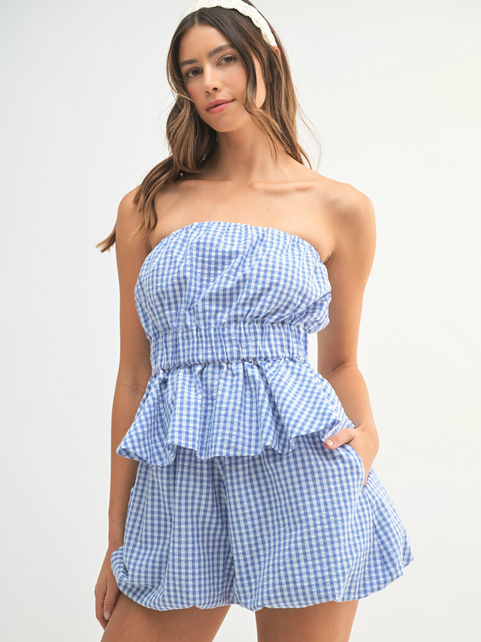 American Girl Gingham Strapless Peplum Tube Top (Blue)