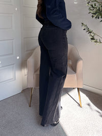 Arden Drawstring Waist Wide Leg Jeans (Washed Black)