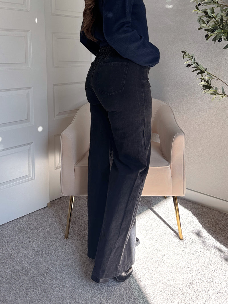 Arden Drawstring Waist Wide Leg Jeans (Washed Black)