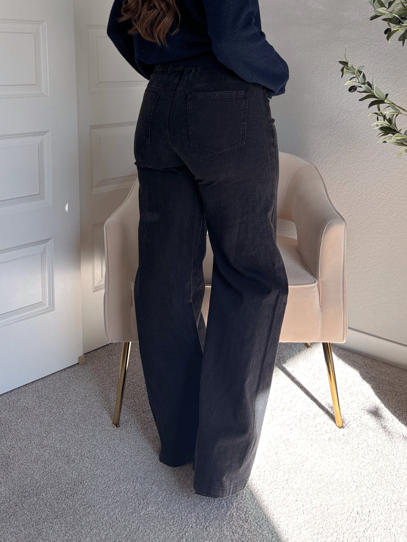 Arden Drawstring Waist Wide Leg Jeans (Washed Black)