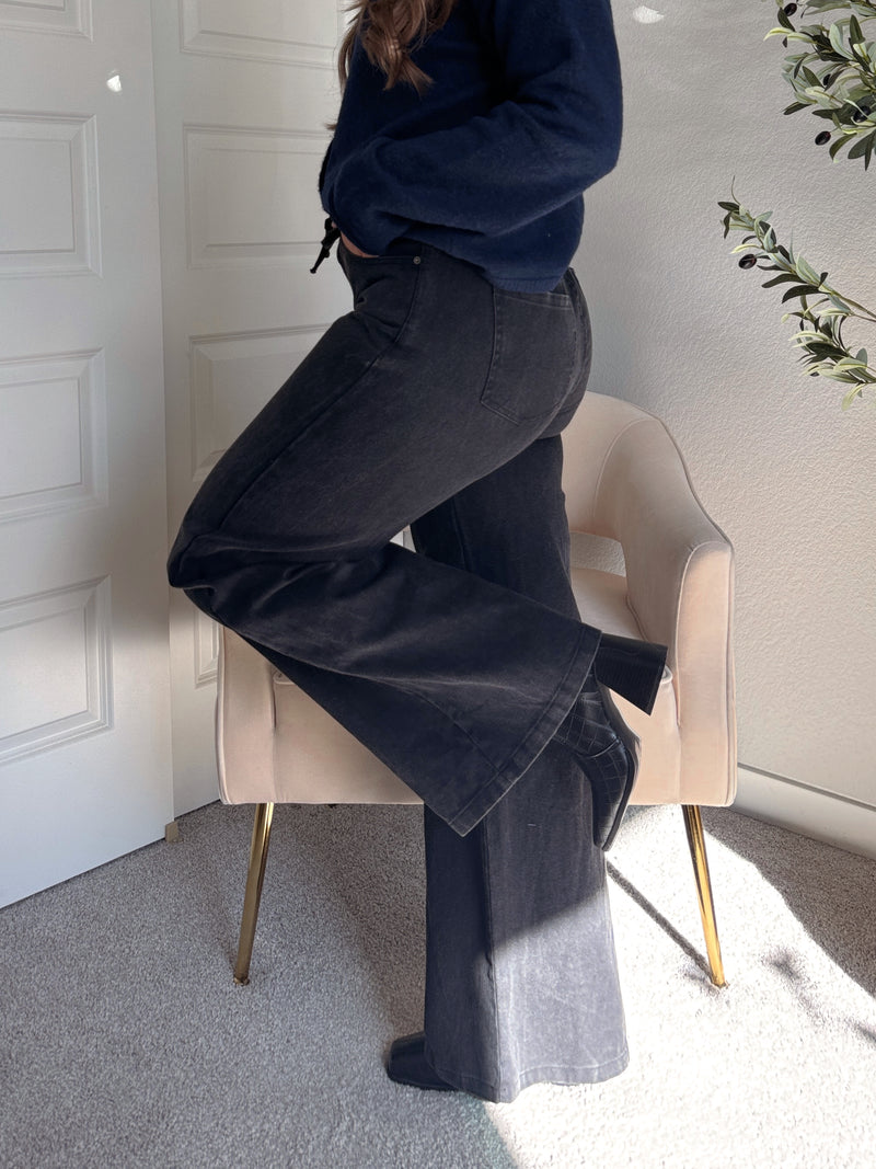 Arden Drawstring Waist Wide Leg Jeans (Washed Black)