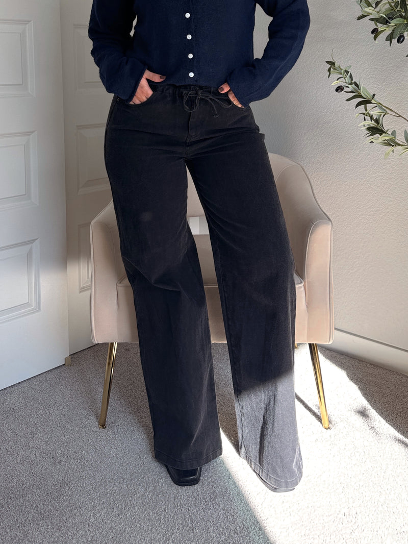 Arden Drawstring Waist Wide Leg Jeans (Washed Black)