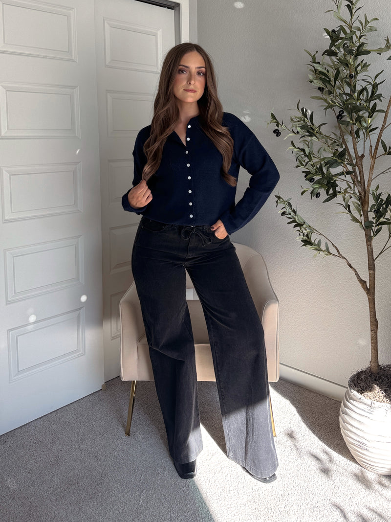 Arden Drawstring Waist Wide Leg Jeans (Washed Black)