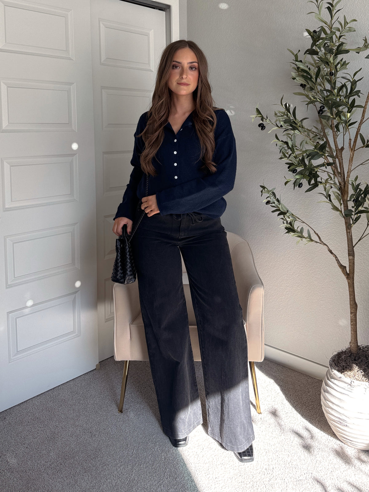 Arden Drawstring Waist Wide Leg Jeans (Washed Black)