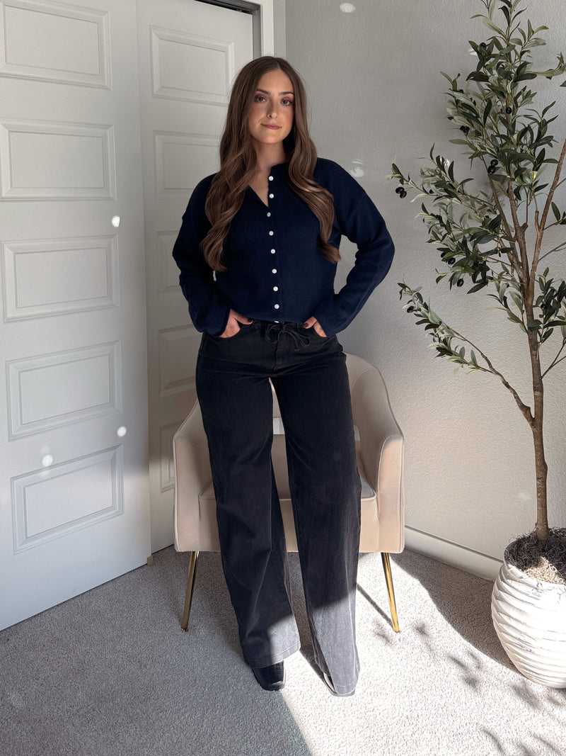 Arden Drawstring Waist Wide Leg Jeans (Washed Black)