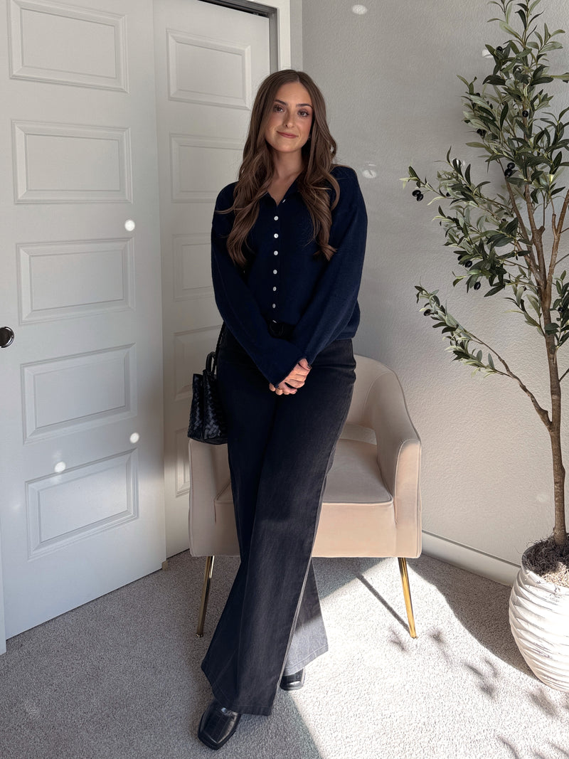 Arden Drawstring Waist Wide Leg Jeans (Washed Black)