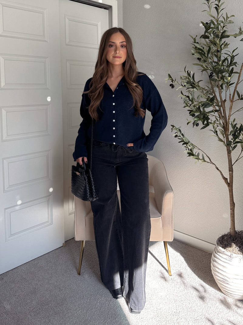 Arden Drawstring Waist Wide Leg Jeans (Washed Black)